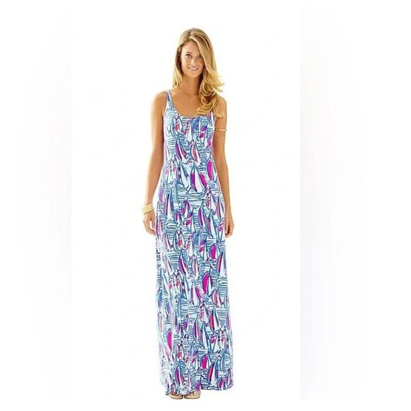 NWT Lilly Pulitzer Palm Maxi Dress Red Right Return print sz Medium HTF - Picture 2 of 2